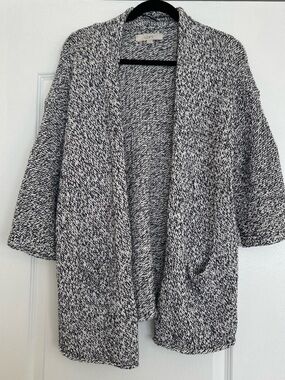 LOFT Navy & White Marled Open-Front Sweater Cardigan